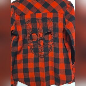 Women Flannel Button Down Shirt Red Skull Long Sleeve Size S